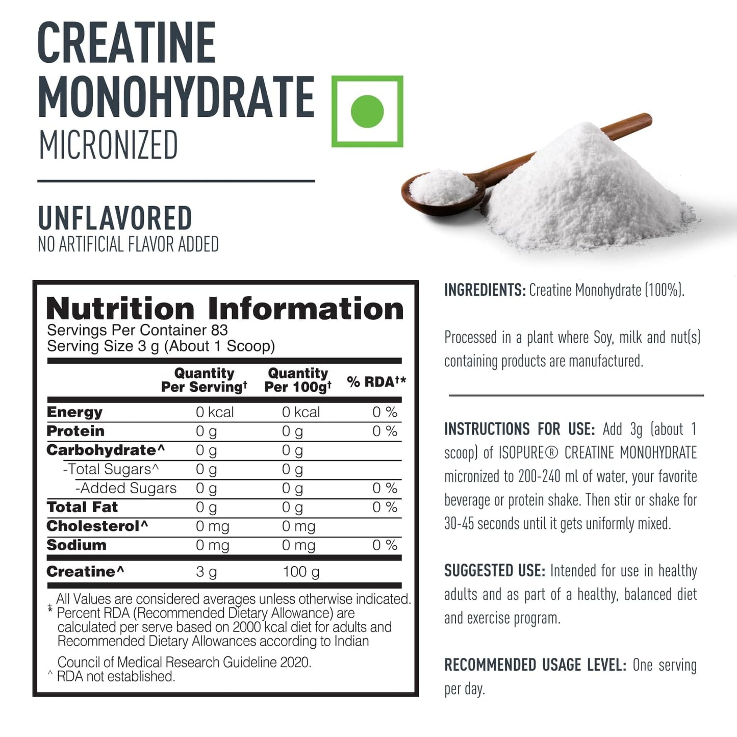 Optimum Nutrition Isopure 100% Creatine Monohydrate Micronized, 250g- 83 servings, Increase Lean Muscle Mass, Enhances Muscular Endurance
