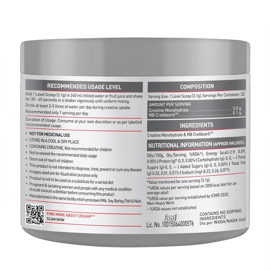 Muscleblaze Creatine Monohydrate Creamp (Unflavoured, 32 Servings, 100G / 0.22Lbs) | Trustified Certified Creatine.