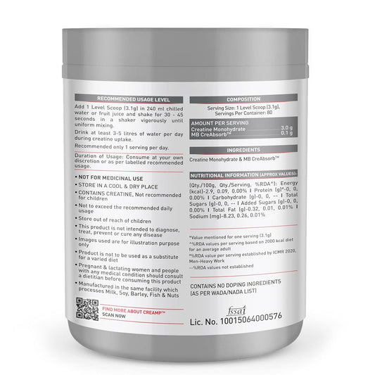 Muscleblaze Creatine Monohydrate Creamp (Unflavoured, 80 Servings, 250G / 0.55Lbs) | Trustified Certified Creatine.