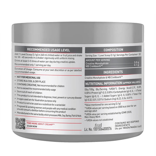 MuscleBlaze Creatine Monohydrate CreAMP™ (Unflavoured, 32 Servings, 100g)
