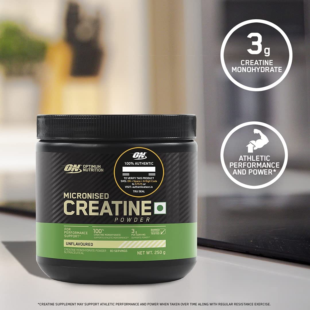 Optimum Nutrition (ON) Micronized Creatine Powder – 250 Gram, 83 Serves, 3g of 100% Creatine Monohydrate per serve, Supports Athletic Performance & Power, Unflavored.