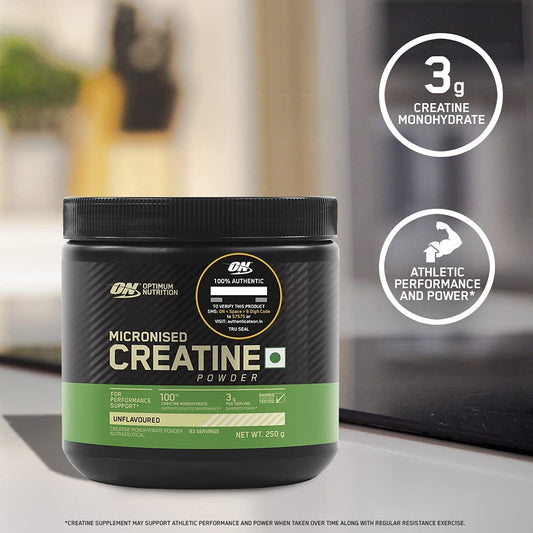 Optimum Nutrition (ON) Micronized Creatine Powder – 250 Gram, 83 Serves, 3g of 100% Creatine Monohydrate per serve, Supports Athletic Performance & Power, Unflavored.