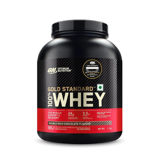 Optimum Nutrition (ON) Gold Standard 100% Whey Protein Powder 1.7 Kg (Double Rich Chocolate), 55 Serves, for Muscle Support & Recovery, Vegetarian – Primary Source Whey Isolate