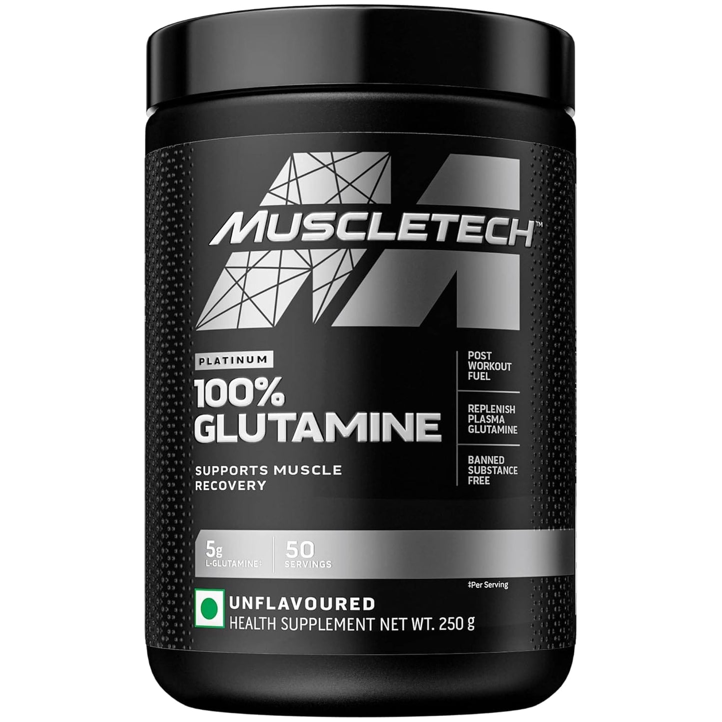 Muscletech Glutamine Powder | Muscletech Platinum 100% Glutamine Powder | Post Workout Recovery Drink | L-Glutamine Powder For Men & Women | Muscle Recovery | Unflavored (50 Servings) – 250G