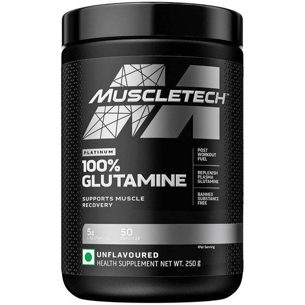 Muscletech Glutamine Powder | Muscletech Platinum 100% Glutamine Powder | Post Workout Recovery Drink | L-Glutamine Powder For Men & Women | Muscle Recovery | Unflavored (50 Servings) – 250G