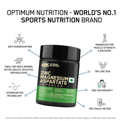 Optimum Nutrition (ON) Zinc Magnesium Aspartate (ZMA) – 60 Capsules, Muscle Strength, Metabolism, Immunity, Vegetarian