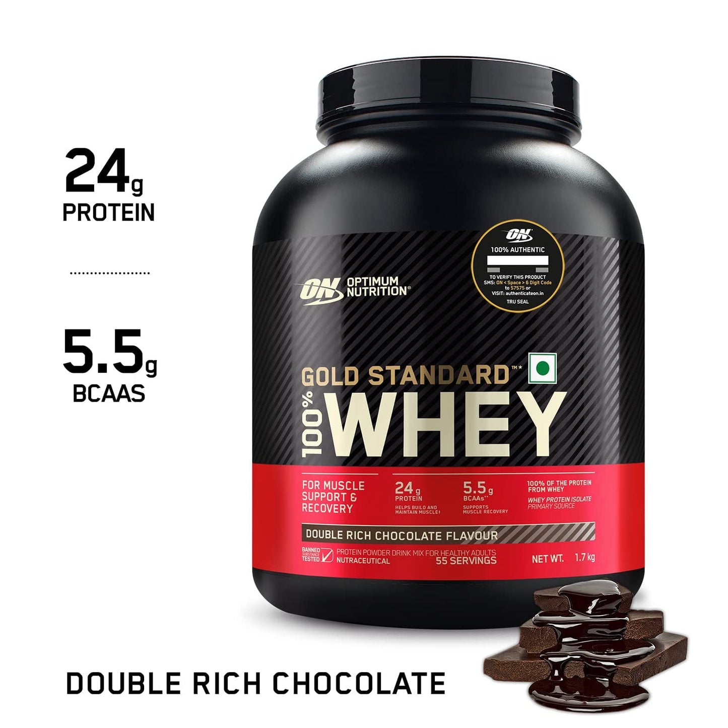 Optimum Nutrition (ON) Gold Standard 100% Whey Protein Powder 1.7 Kg (Double Rich Chocolate), 55 Serves, for Muscle Support & Recovery, Vegetarian – Primary Source Whey Isolate