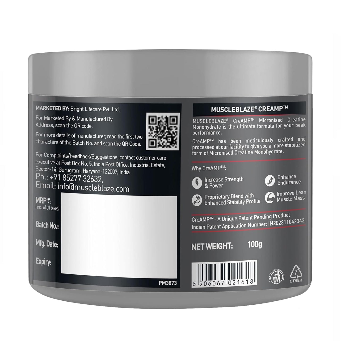 MuscleBlaze Creatine Monohydrate CreAMP™ (Unflavoured, 32 Servings, 100g)