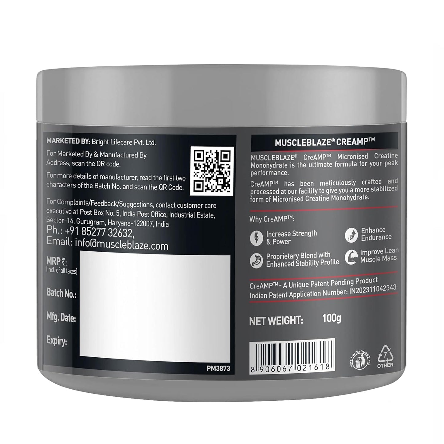Muscleblaze Creatine Monohydrate Creamp (Unflavoured, 32 Servings, 100G / 0.22Lbs) | Trustified Certified Creatine.