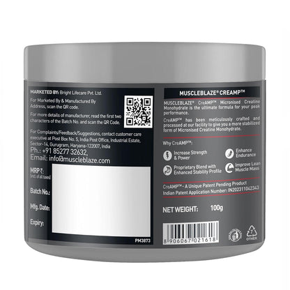 Muscleblaze Creatine Monohydrate Creamp (Unflavoured, 32 Servings, 100G / 0.22Lbs) | Trustified Certified Creatine.