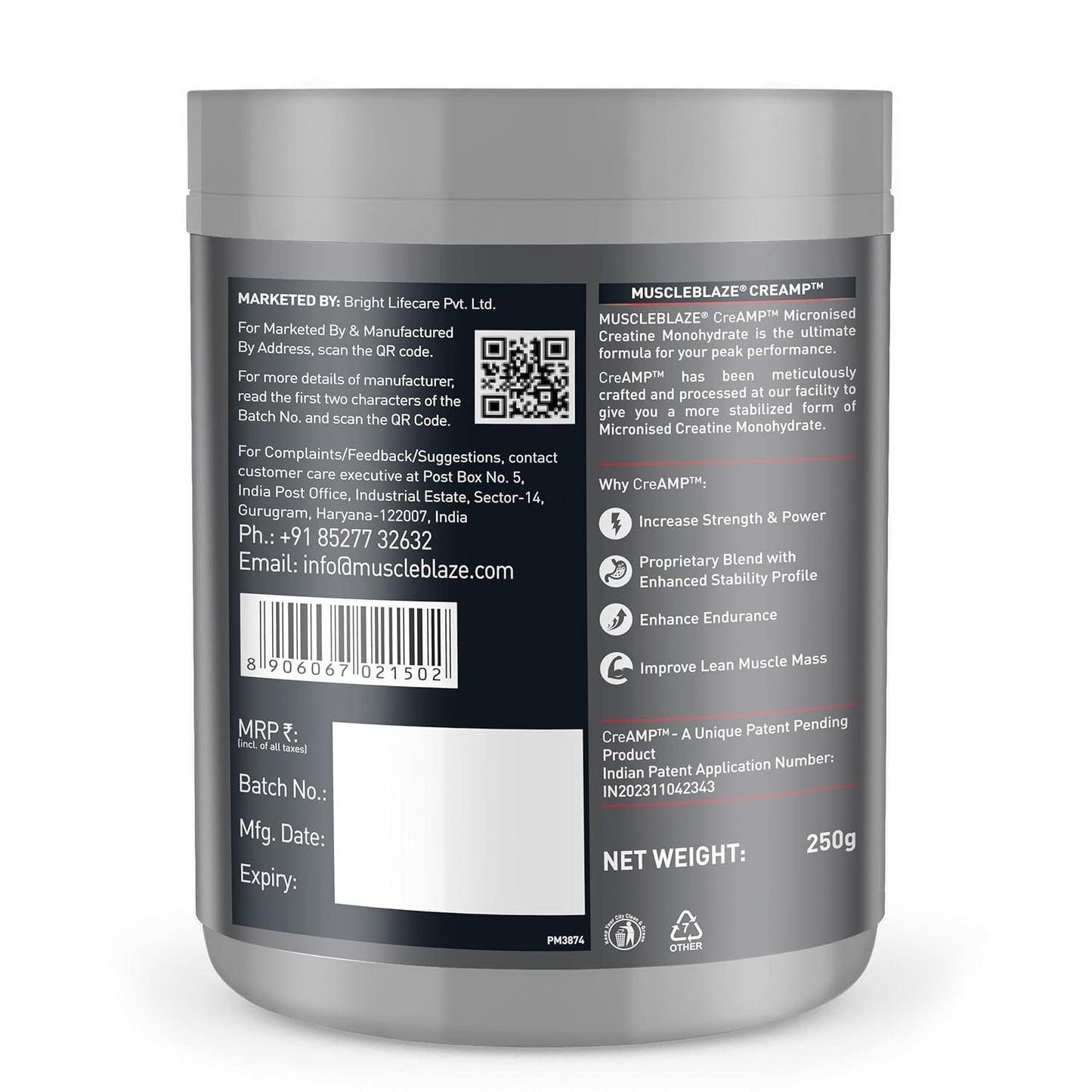 MuscleBlaze Creatine Monohydrate CreAMP™ (Unflavoured, 80 Servings, 250g)