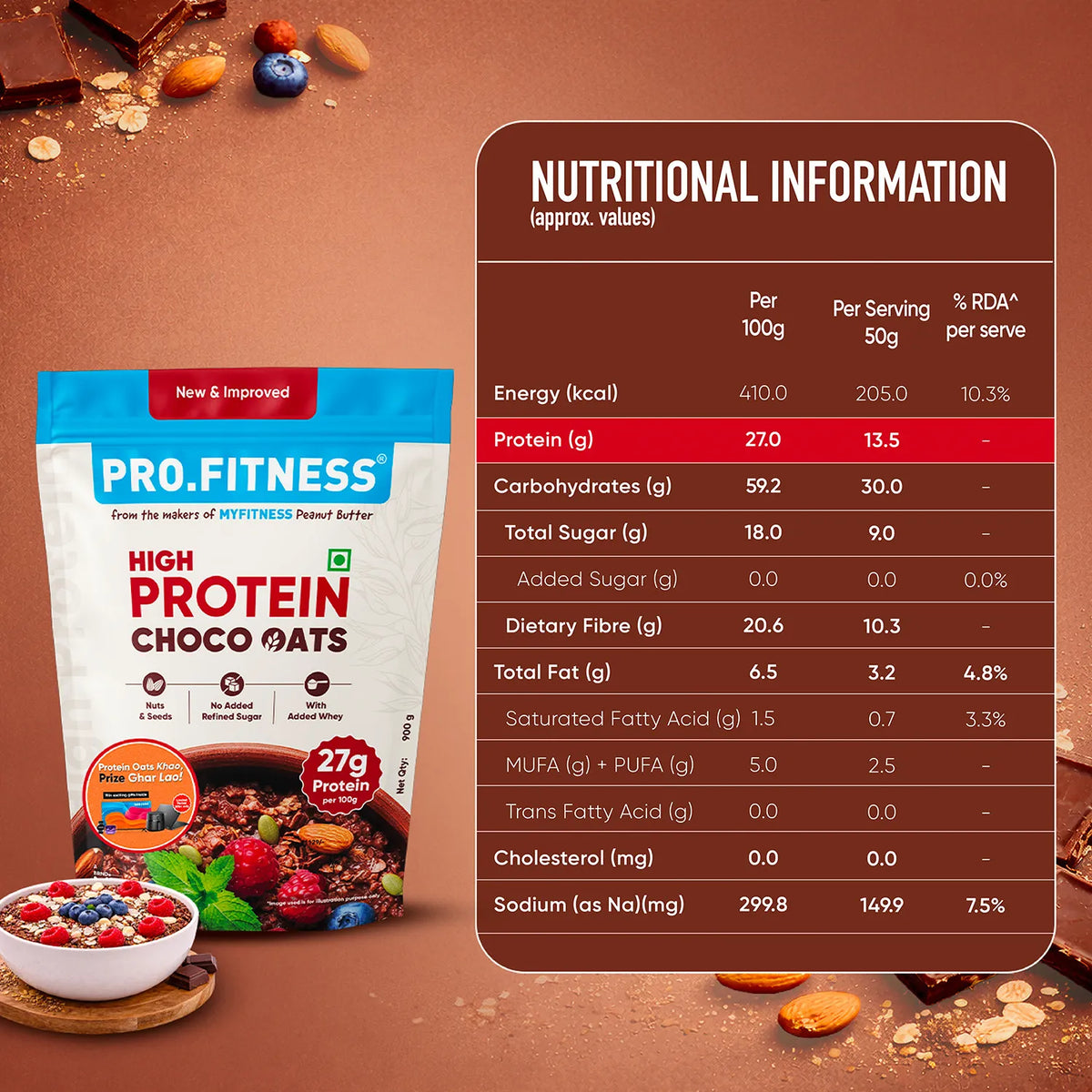 Pro.Fitness High Protein Chocolate Oats | Dark Chocolate | Healthy Oats With Nuts, Seeds & Added Whey