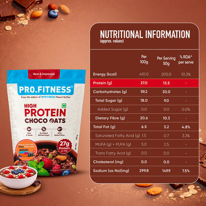 Pro.Fitness High Protein Chocolate Oats | Dark Chocolate | Healthy Oats With Nuts, Seeds & Added Whey