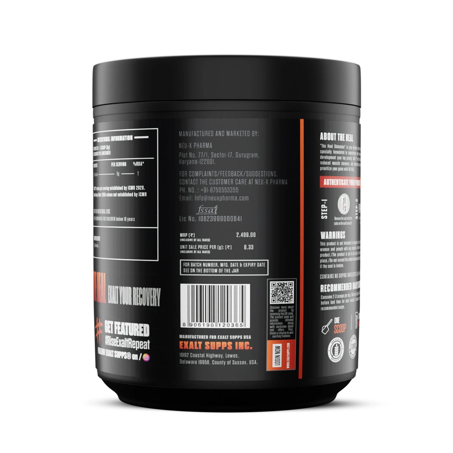 Exalt Supps Heal L Glutamine 0.66 lbs Raw Unflavoured