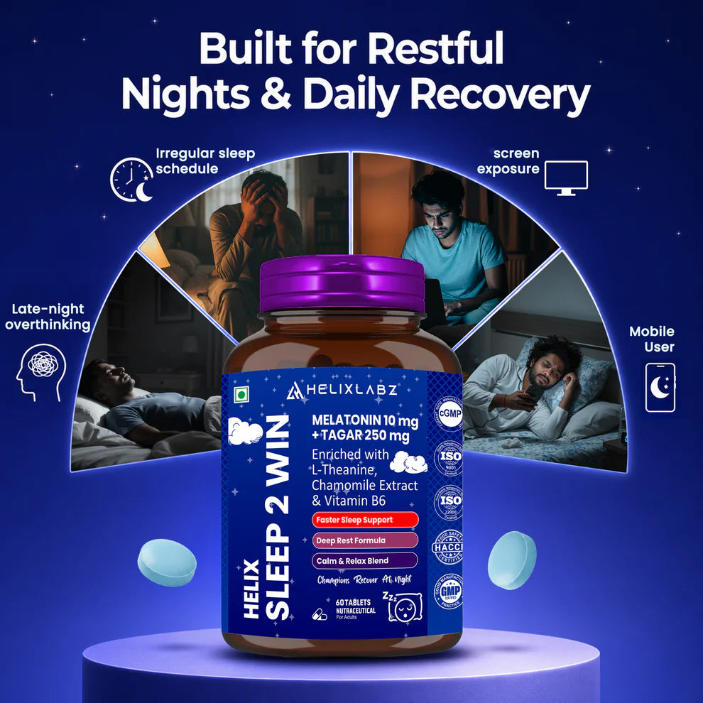 Helixlabz Sleep 2 Win Tablets – Melatonin 10 mg + Tagar 250 mg with L-Theanine, Chamomile & Vitamin B6 (60 Tablets)