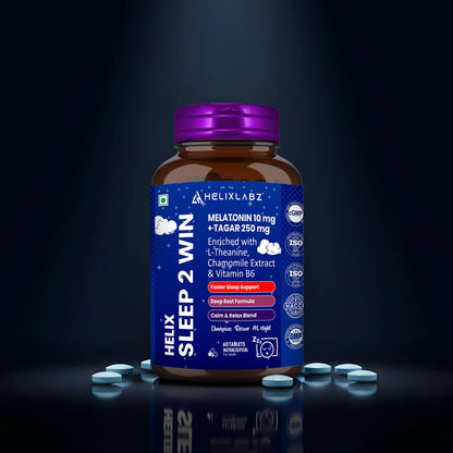 Helixlabz Sleep 2 Win Tablets – Melatonin 10 mg + Tagar 250 mg with L-Theanine, Chamomile & Vitamin B6 (60 Tablets)