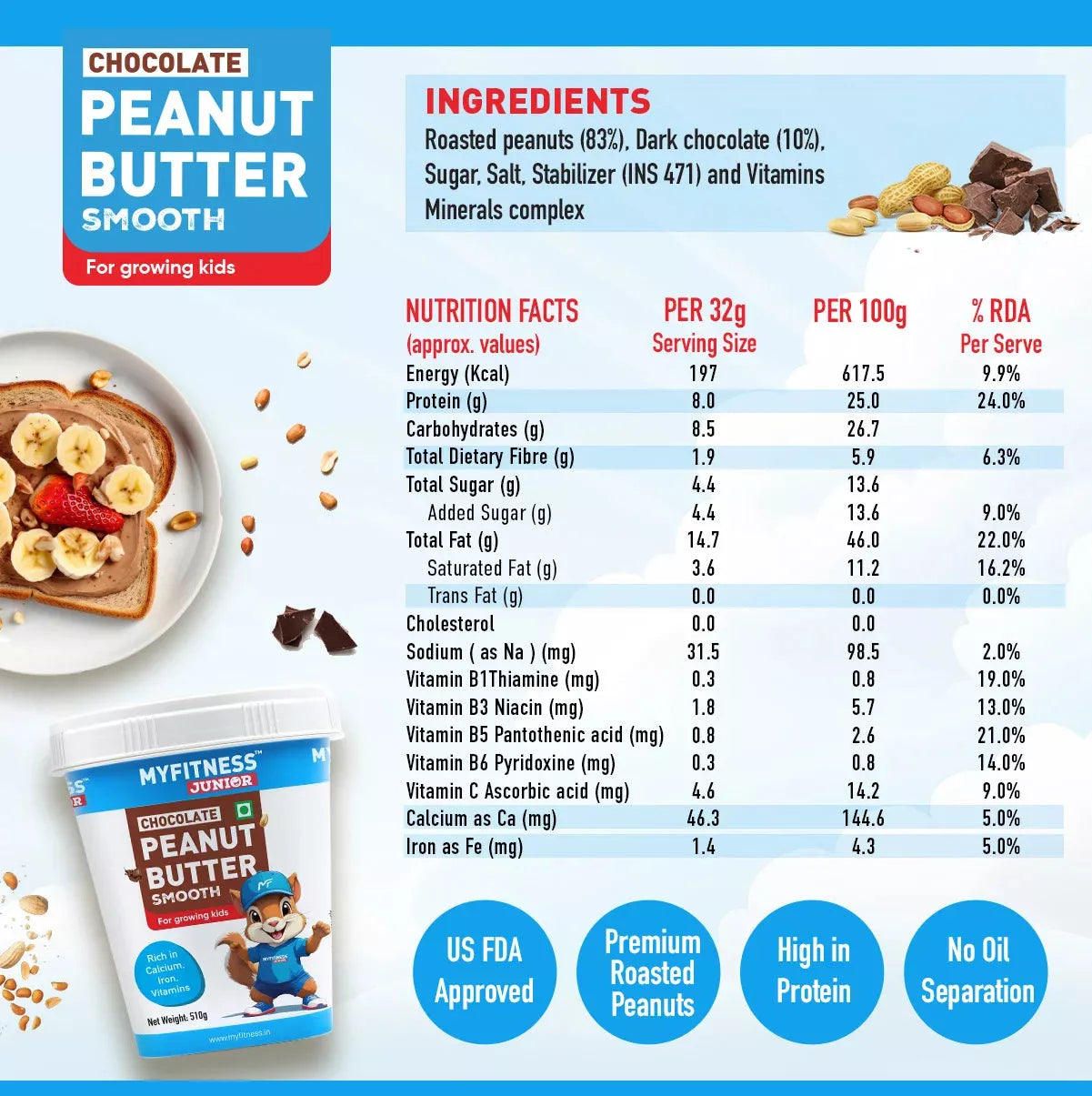 MyFitness Peanut Butter Junior - Chocolate | 25% Protein | Smooth | Healthy Chocolate Spread for Kids