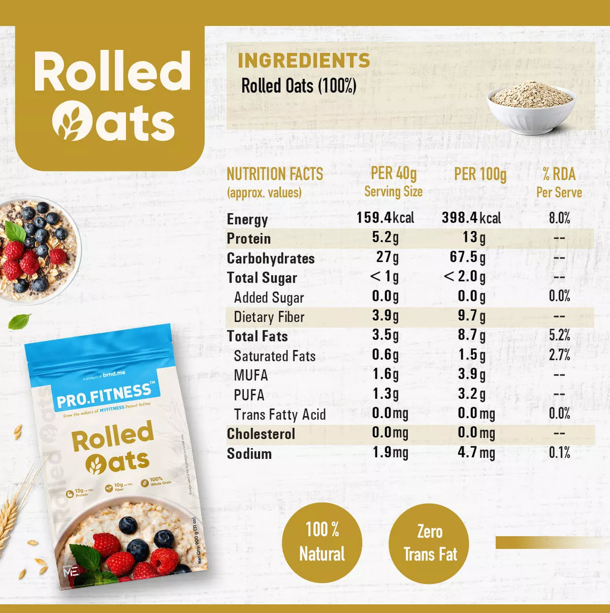 Pro.Fitness Rolled Oats | 13% Protein | Healthy Oats With High Fiber and Zero Cholesterol