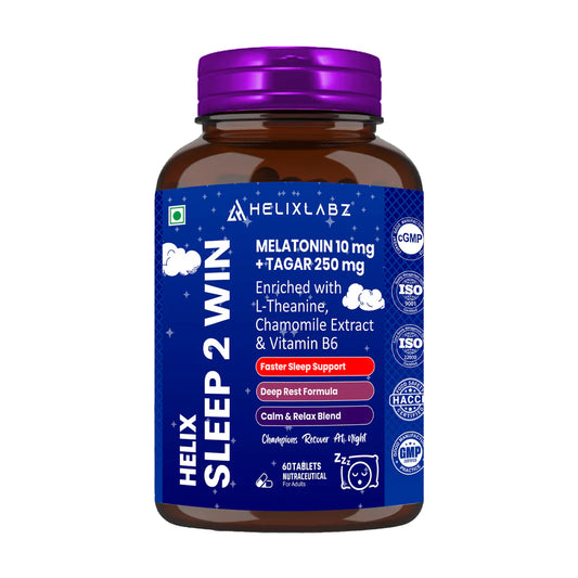 Helixlabz Sleep 2 Win Tablets – Melatonin 10 mg + Tagar 250 mg with L-Theanine, Chamomile & Vitamin B6 (60 Tablets)